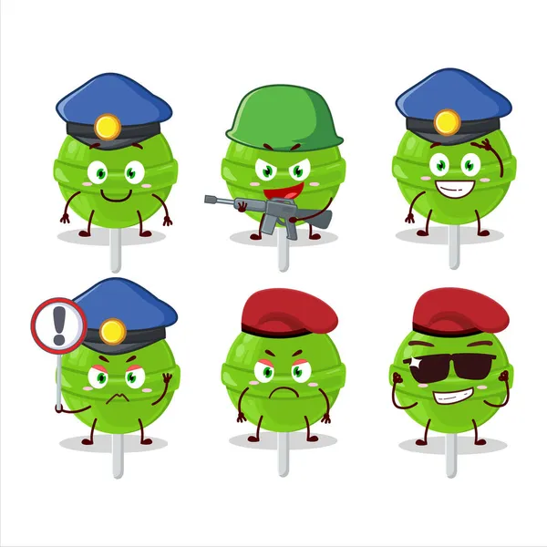 Tatlı kavun lolipop maskotu tasarım tarzında kendini işine adamış bir polis memuru. Vektör illüstrasyonu