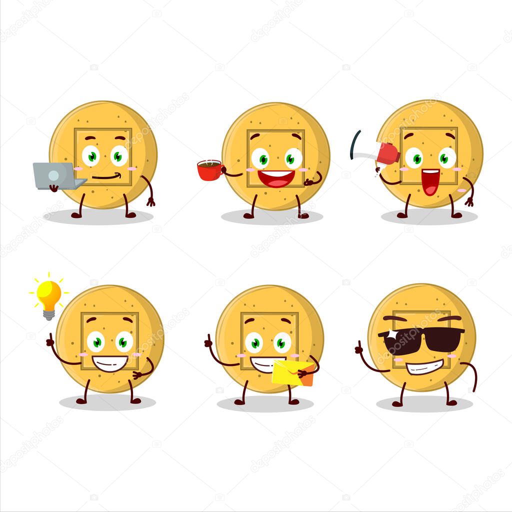 Dalgona candy square cartoon character with various types of business emoticons. Vector illustration