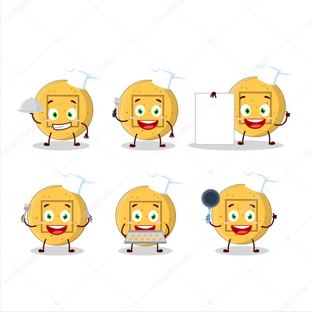 Cartoon character of dalgona candy square with various chef emoticons. Vector illustration