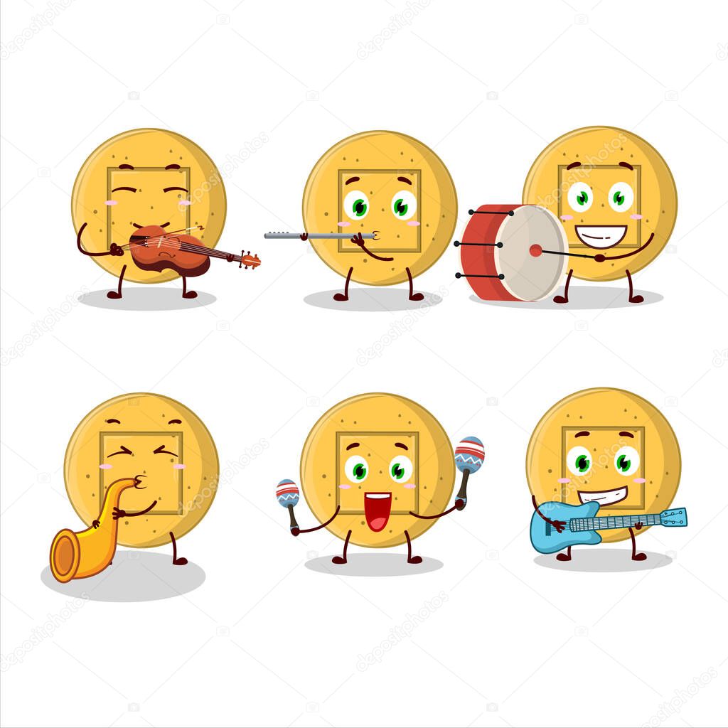 Cartoon character of dalgona candy square playing some musical instruments. Vector illustration