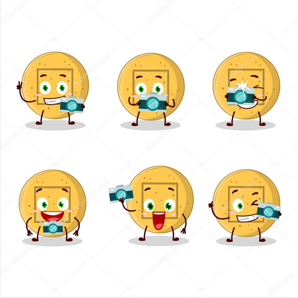 Photographer profession emoticon with dalgona candy square cartoon character. Vector illustration