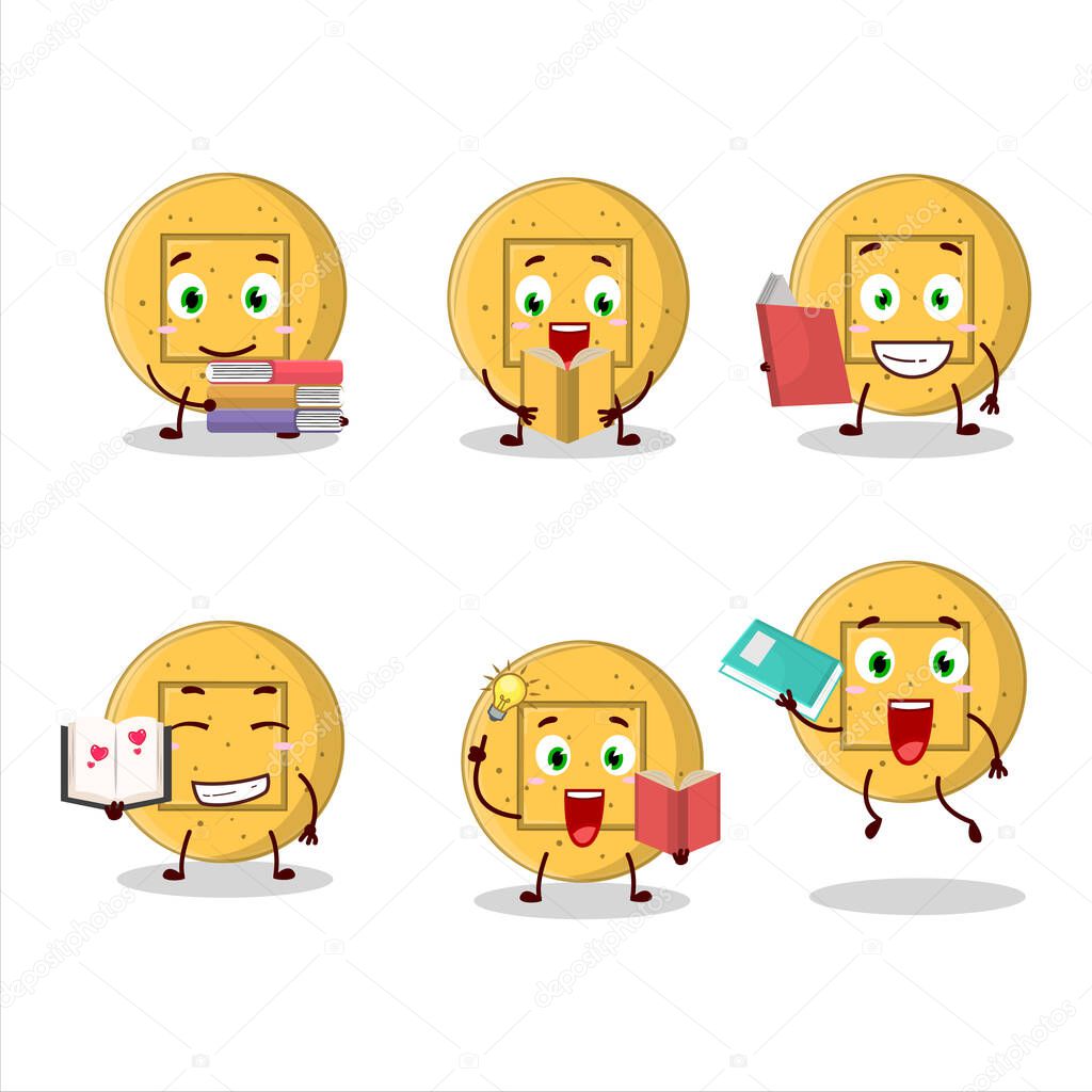 A picture of dalgona candy square cartoon character concept reading an amusing book. Vector illustration