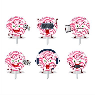 Pembe girdaplı şeker çizgi film karakteri çeşitli şirin duygu simgeleriyle oyunlar oynuyor. Vektör illüstrasyonu