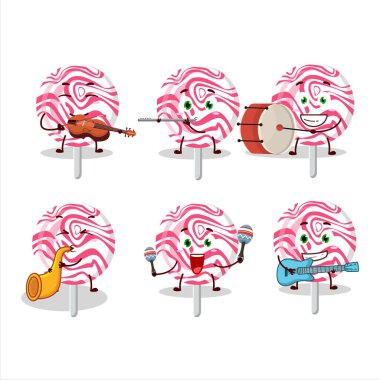 Müzik enstrümanları çalan pembe girdaplı şekerin çizgi film karakteri. Vektör illüstrasyonu