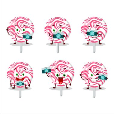 Pembe girdap şekeri çizgi film karakteri ile fotoğrafçılık mesleği simgesi. Vektör illüstrasyonu