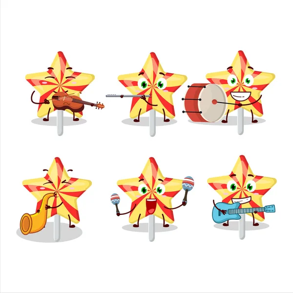 Karakter Kartun Dari Permen Bintang Memainkan Beberapa Instrumen Musik Ilustrasi - Stok Vektor