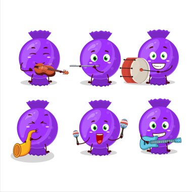 Mavi şeker ambalajlı çizgi film karakteri bazı müzik enstrümanları çalıyor. Vektör illüstrasyonu