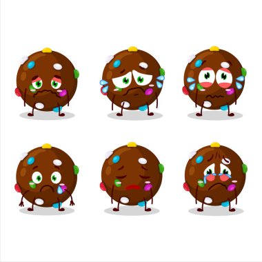 Hüzünlü bir ifadeyle çikolata şekerli çizgi film karakteri. Vektör illüstrasyonu