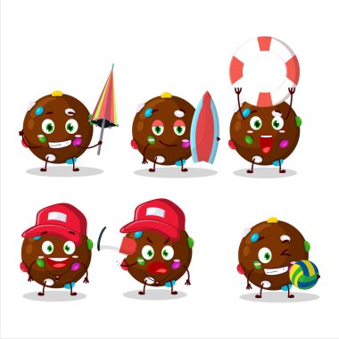 Happy Face çikolatalı çizgi film karakteri sahilde oynuyor. Vektör illüstrasyonu