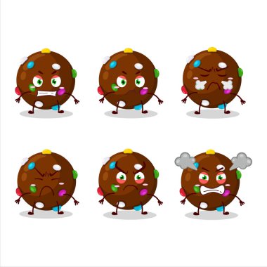 Çeşitli kızgın ifadeleri olan çikolata şekerli çizgi film karakteri. Vektör illüstrasyonu