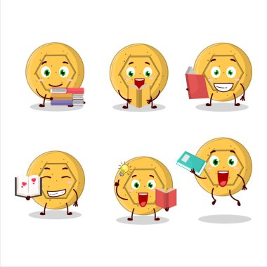 Gülünç bir kitap okuyan dalgona şekerli Pentagon çizgi film karakteri konsepti. Vektör illüstrasyonu