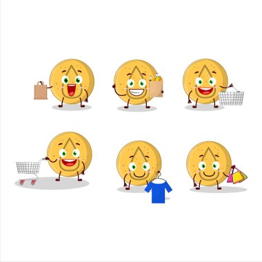 Zengin dalgona şekerli su maskotu tasarımı alışverişe gidiyor. Vektör illüstrasyonu