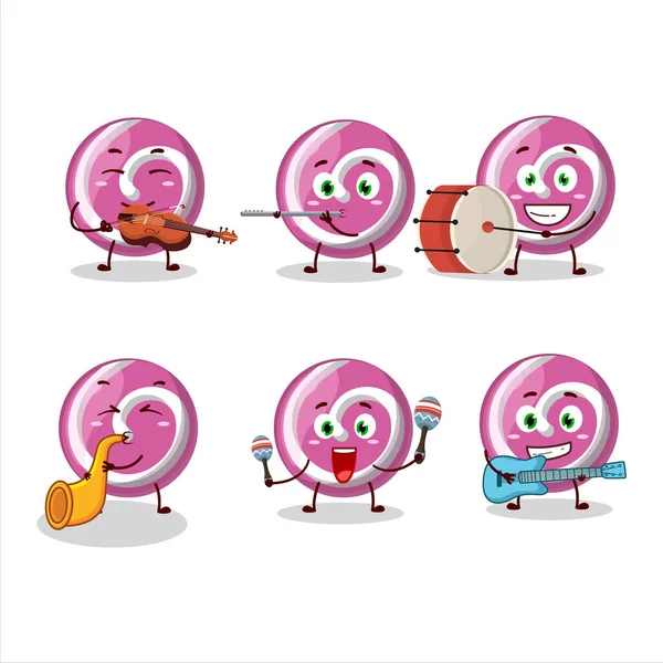 Kreskówkowa Postać Różowego Słodkiego Cukierka Grająca Instrumentach Muzycznych Ilustracja Wektora — Wektor stockowy