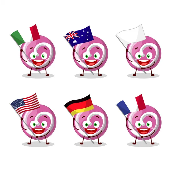 Roze Zoete Snoep Stripfiguur Brengen Vlaggen Van Verschillende Landen Vectorillustratie — Stockvector