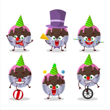 Çeşitli sirk gösterileri olan Brigadeiro çikolatalı şekerin çizgi film karakteri. Vektör illüstrasyonu