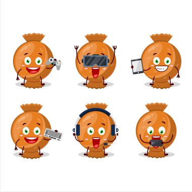 Turuncu şeker ambalajlı çizgi film karakteri çeşitli şirin ifadelerle oyunlar oynuyor. Vektör illüstrasyonu