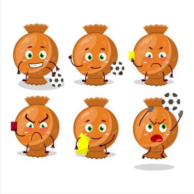 Futbol hakemi olarak çalışan turuncu şekerli çizgi film karakteri. Vektör illüstrasyonu