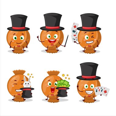 Portakallı bir şeker ambalajı sihirbaz çizgi film karakteri sahnede performans sergiliyor. Vektör illüstrasyonu