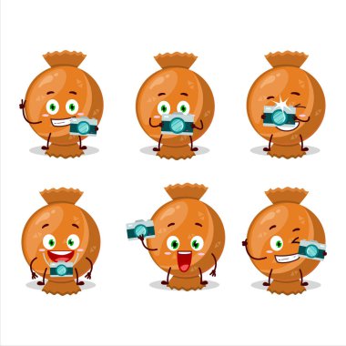 Portakal şekerli çizgi film karakteri ile fotoğrafçılık mesleği simgesi. Vektör illüstrasyonu