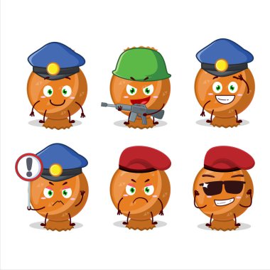 Kendini işine adamış bir polis memuru, turuncu şeker ambalaj maskotu tasarımı tarzında. Vektör illüstrasyonu