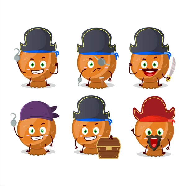 Personaje Dibujos Animados Envoltura Caramelo Naranja Con Varios Emoticonos Piratas — Vector de stock