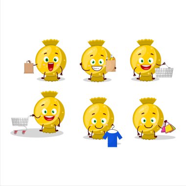 Zengin sarı bir şeker ambalajlı maskot tasarımı alışverişe gidiyor. Vektör illüstrasyonu