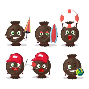 Happy Face çikolata ambalajlı çizgi film karakteri sahilde oynuyor. Vektör illüstrasyonu