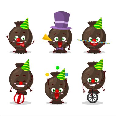 Çeşitli sirk gösterileri olan çikolata şekerli karikatür karakteri. Vektör illüstrasyonu