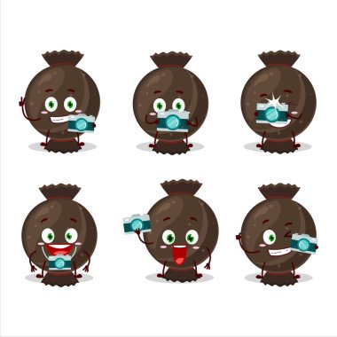 Çikolata kaplı çizgi film karakteri ile fotoğrafçılık mesleği simgesi. Vektör illüstrasyonu