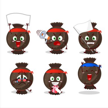 Çekici bir destekçi olarak çikolatalı şekerin maskot tasarımı karakteri. Vektör illüstrasyonu