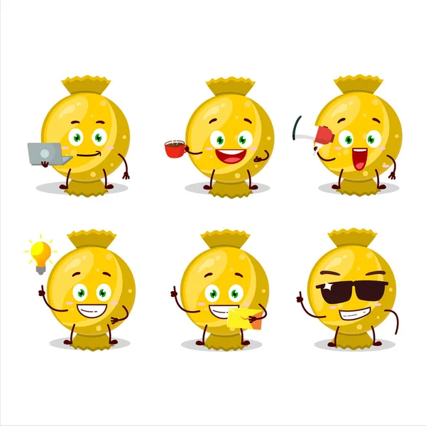 Gelbe Bonbonhülle Cartoon Figur Mit Verschiedenen Arten Von Business Emoticons — Stockvektor