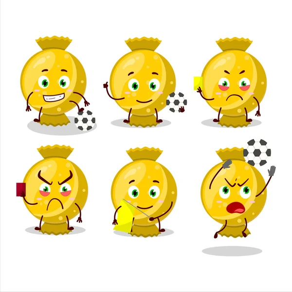 Personagem Desenho Animado Envoltório Doces Amarelos Trabalhando Como Árbitro Futebol — Vetor de Stock