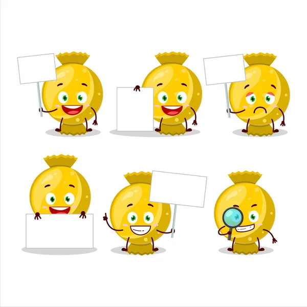 Personagem Desenho Animado Envoltório Doces Amarelos Trazer Placa Informações Ilustração — Vetor de Stock