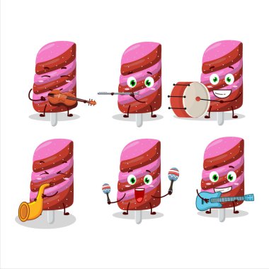 Çizgi film karakteri sakızlı çilek şekeri müzik enstrümanları çalıyor. Vektör illüstrasyonu