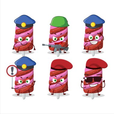 Çilekli şeker maskotu tasarım tarzında kendini işine adamış bir polis memuru. Vektör illüstrasyonu