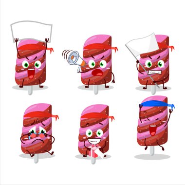 Çekici bir destekçi olarak maskot stili şekerli çilek karakteri. Vektör illüstrasyonu