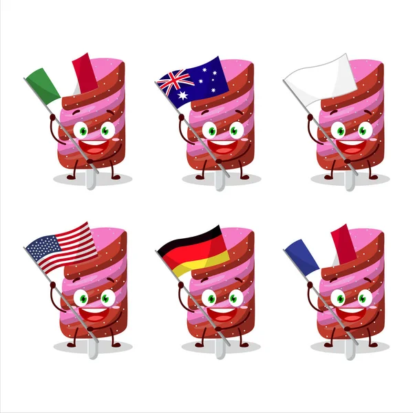Goma Doce Morango Personagem Cartoon Trazer Bandeiras Vários Países Ilustração — Vetor de Stock