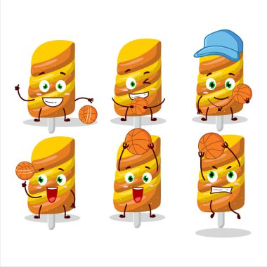 Basketbol atleti olarak yetenekli şekerli turuncu çizgi film karakteri. Vektör illüstrasyonu