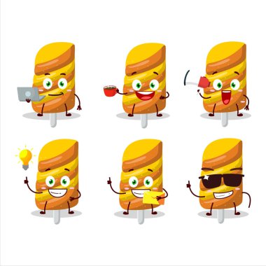 Çeşitli iş simgeleriyle süslü, şekerli orangutançizgi film karakteri. Vektör illüstrasyonu