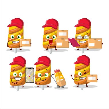 Kurye olarak çalışan şeker portakallı şekerin çizgi film karakteri tasarımı. Vektör illüstrasyonu