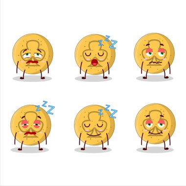 Dalona şekerinin çizgi film karakteri uykulu yüzüyle folyo örüyor. Vektör illüstrasyonu