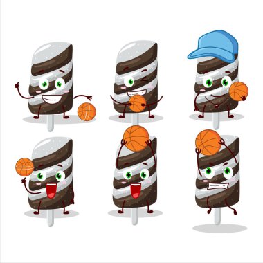 Basketbol sporcusu olarak çikolatalı şekerleme çizgi film karakteri. Vektör illüstrasyonu