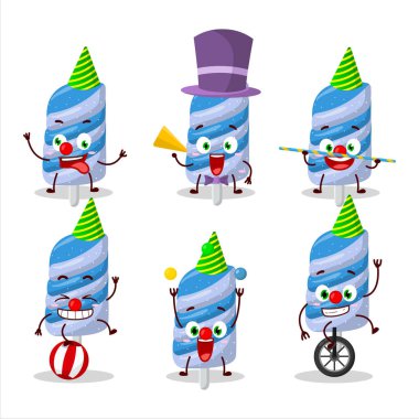 Çeşitli sirk gösterileri olan şekerli yaban mersini çizgi film karakteri. Vektör illüstrasyonu