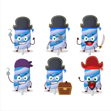 Şekerli yaban mersinli jelibon ve çeşitli korsan simgeleri olan çizgi film karakteri. Vektör illüstrasyonu