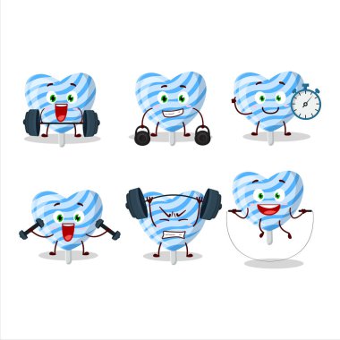 Sağlıklı bir mavi aşk çizgi film stili Fitness Merkezi 'nde bazı aletler deniyor. Vektör illüstrasyonu