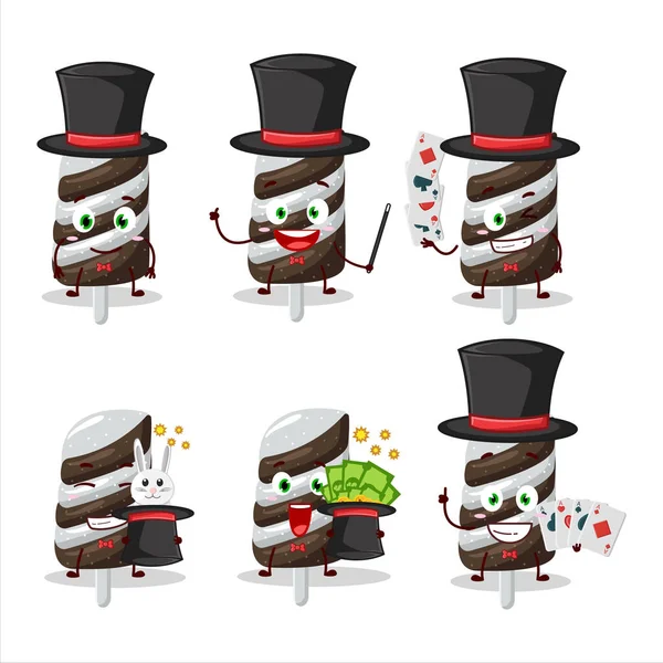 Caramelo Gomoso Chocolate Leche Mago Personaje Dibujos Animados Realizar Escenario — Vector de stock