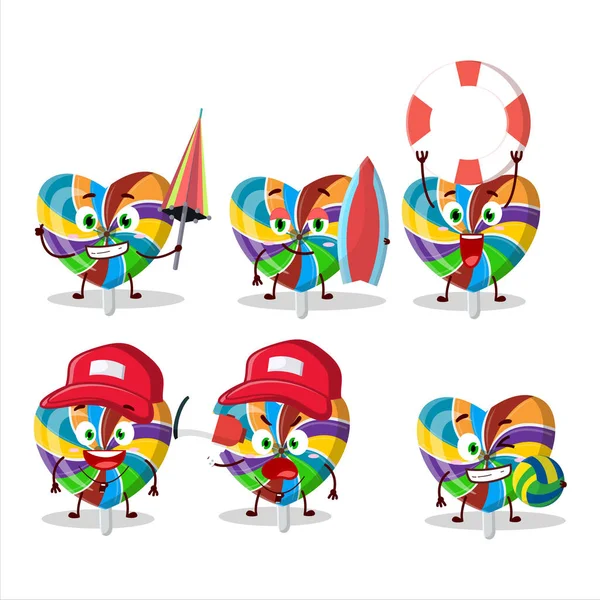 Happy Face Rainbow Love Twirl Candy Cartoon Character Playing Beach — Stock Vector