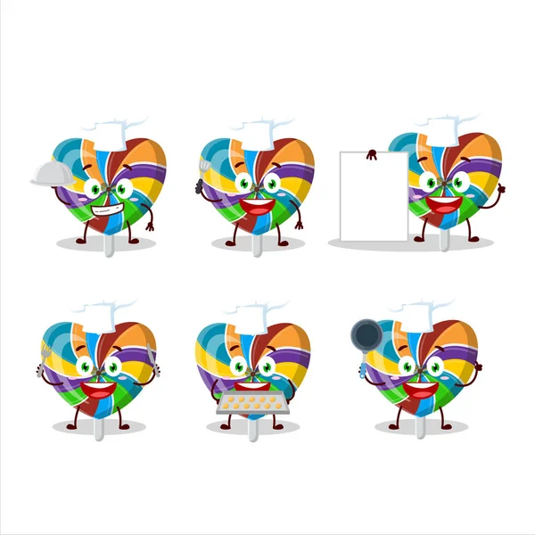 虹の漫画のキャラクターは 様々なシェフの絵文字でツイルキャンディーを愛しています ベクターイラスト — ストックベクタ