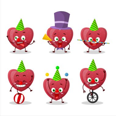 Çeşitli sirk gösterileri olan kırmızı aşk şekerlerinin çizgi film karakteri. Vektör illüstrasyonu