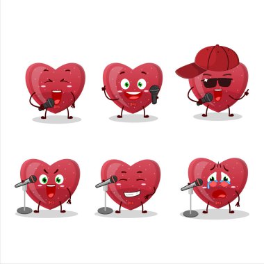 Sevimli bir çizgi film dizayn konsepti olan kırmızı aşk jelibonu şekeri ünlü bir şarkı söylüyor. Vektör illüstrasyonu